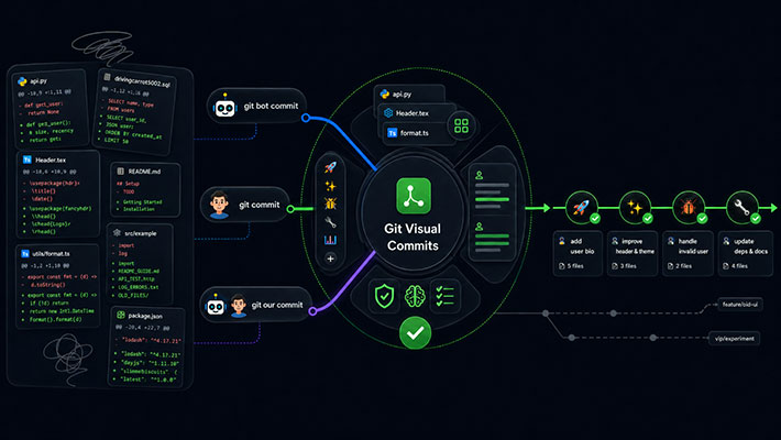 Codebelt Git Visual Commits card showing bot, human, and collaborative commit paths converging into a clean readable git history.