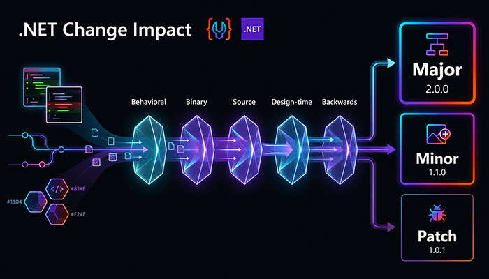 Codebelt release classification visual showing a .NET library change evaluated across compatibility dimensions and routed to a Major, Minor, or Patch release.