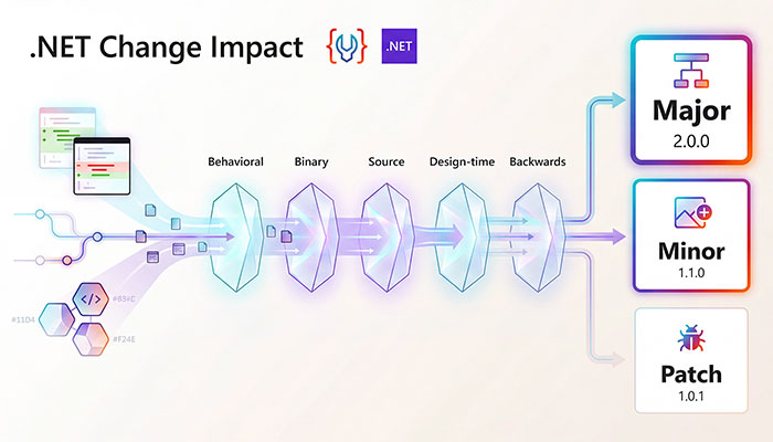 Codebelt release classification visual showing a .NET library change evaluated across compatibility dimensions and routed to a Major, Minor, or Patch release.