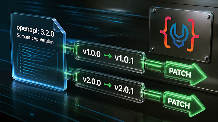 Codebelt OpenAPI semantic versioning card showing API release traceability from v2.0.0 to v2.0.1.