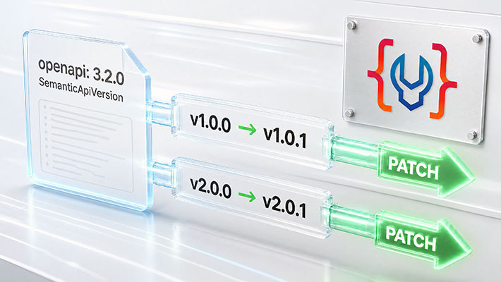 Codebelt OpenAPI semantic versioning card showing API release traceability from v2.0.0 to v2.0.1.